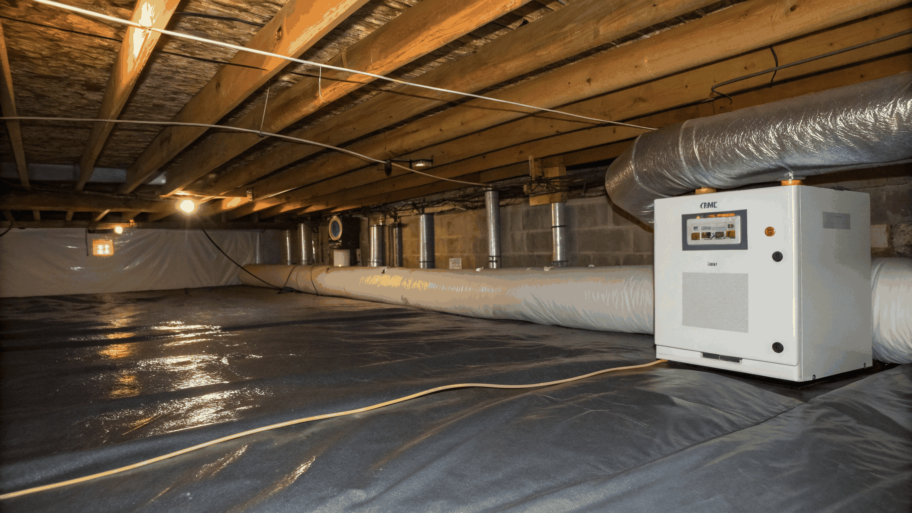 Professional crawl space encapsulation with white vapor barrier