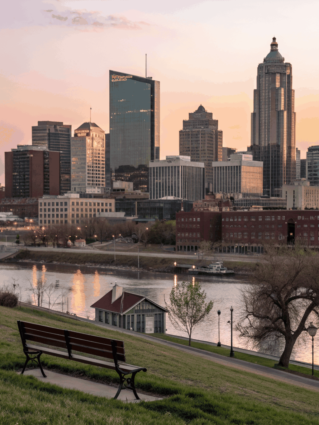Des Moines skyline at sunset
