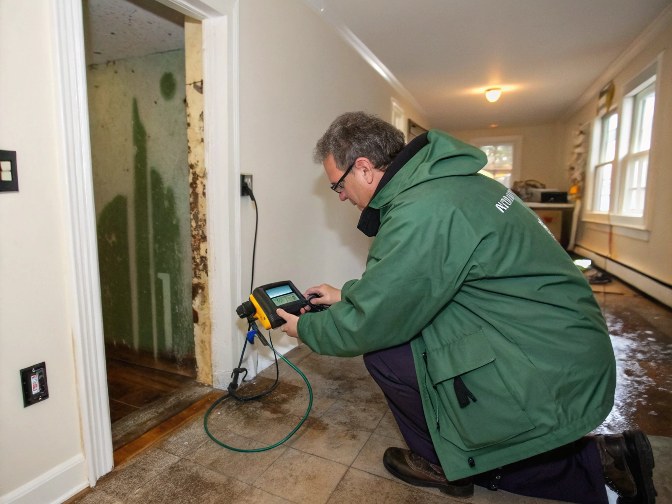 Inspector checking for mold in a crawl space