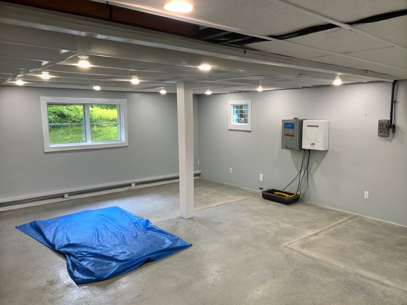 Professional crawl space encapsulation with white vapor barrier and dehumidifier installation.